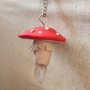 NEW Artisan Sculpted Red Amanita Mushroom Quartz Crystal Handmade Polymer Clay
